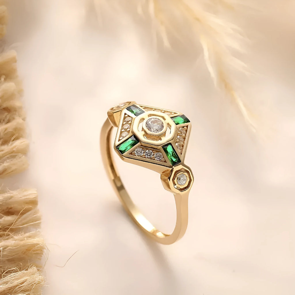 Square geometric emerald diamond ring in lvzuan colour with electroplated finish, women's Ins style fashion jewellery