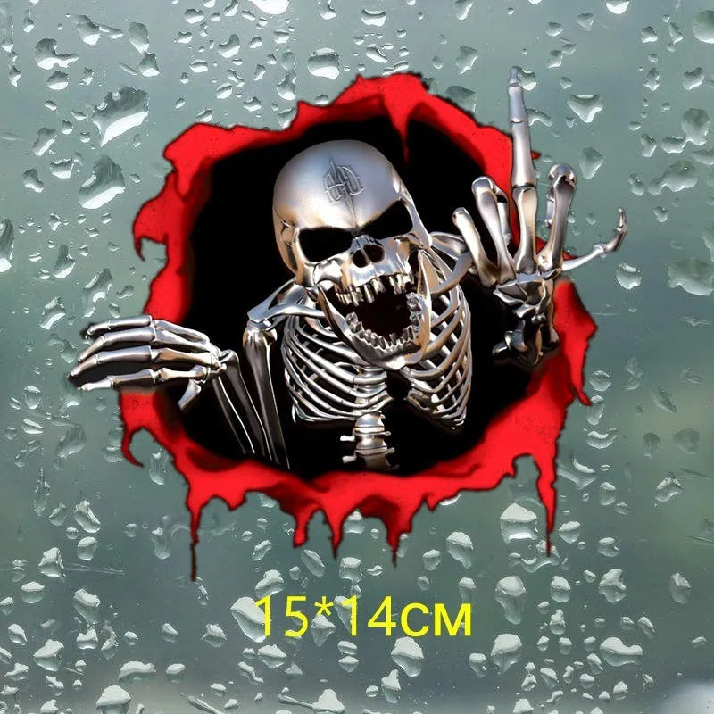 15x14cm PET car bumper sticker with colourful broken shell design and printed metal skull pattern
