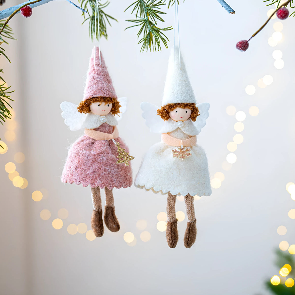 White or pink cloth felt angel skirt Christmas ornament with soft plush pendant for hanging display