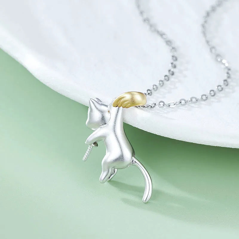 925 sterling silver clavicle chain necklace with cat motif design and electroplated finish