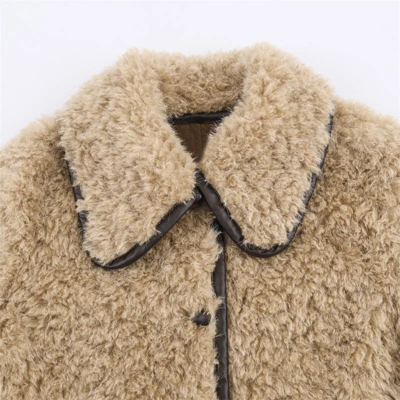 Women's khaki fleece long overcoat with spandex blend, shown in size XS to L