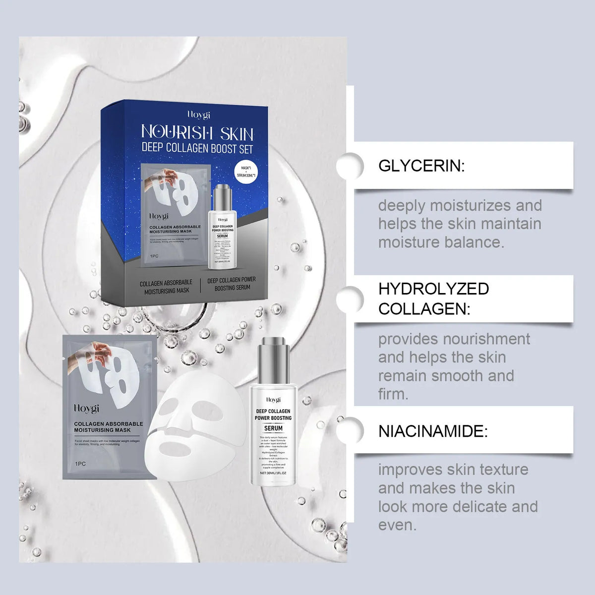 Collagen facial mask set showing silicone mask and 30ml essence serum bottle