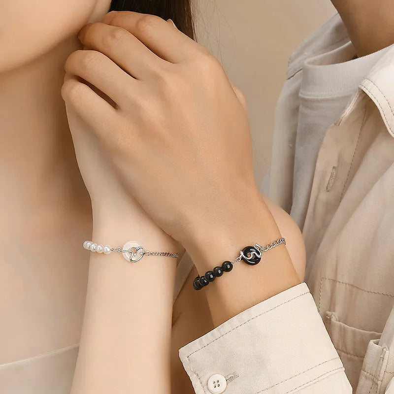 925 sterling silver bracelet with safe buckle, snake design, and obsidian pearl for men and women.