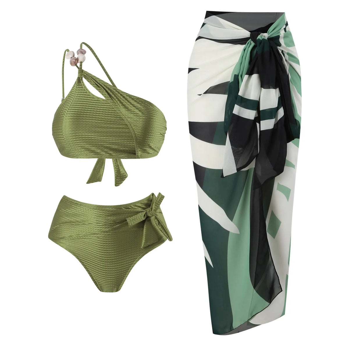 Brown women's high-waisted swimsuit with push-up top and a sheer black chiffon dress overlay.