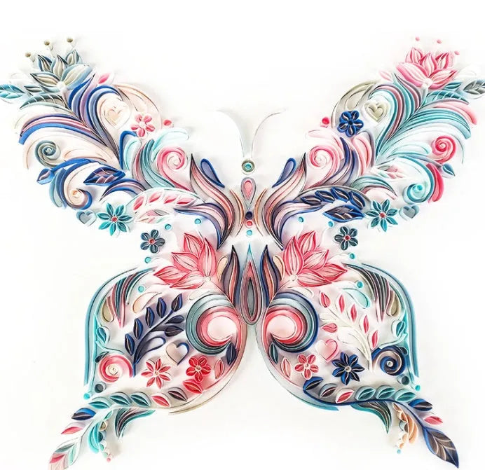 20-inch blue butterfly quilling illustration material pack with craft tools on white background