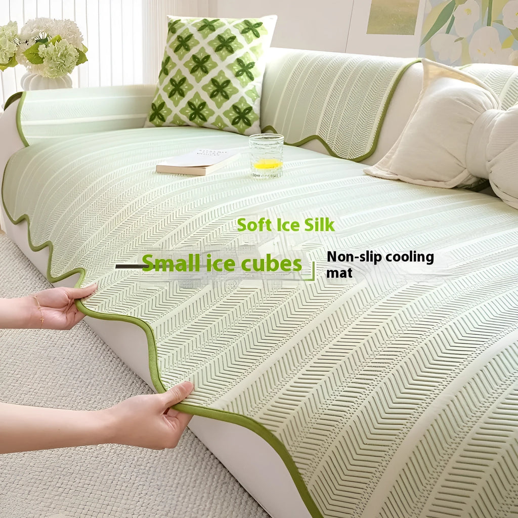 Special-shaped straight row patterned sofa cover in ice silk fabric on a grey sofa