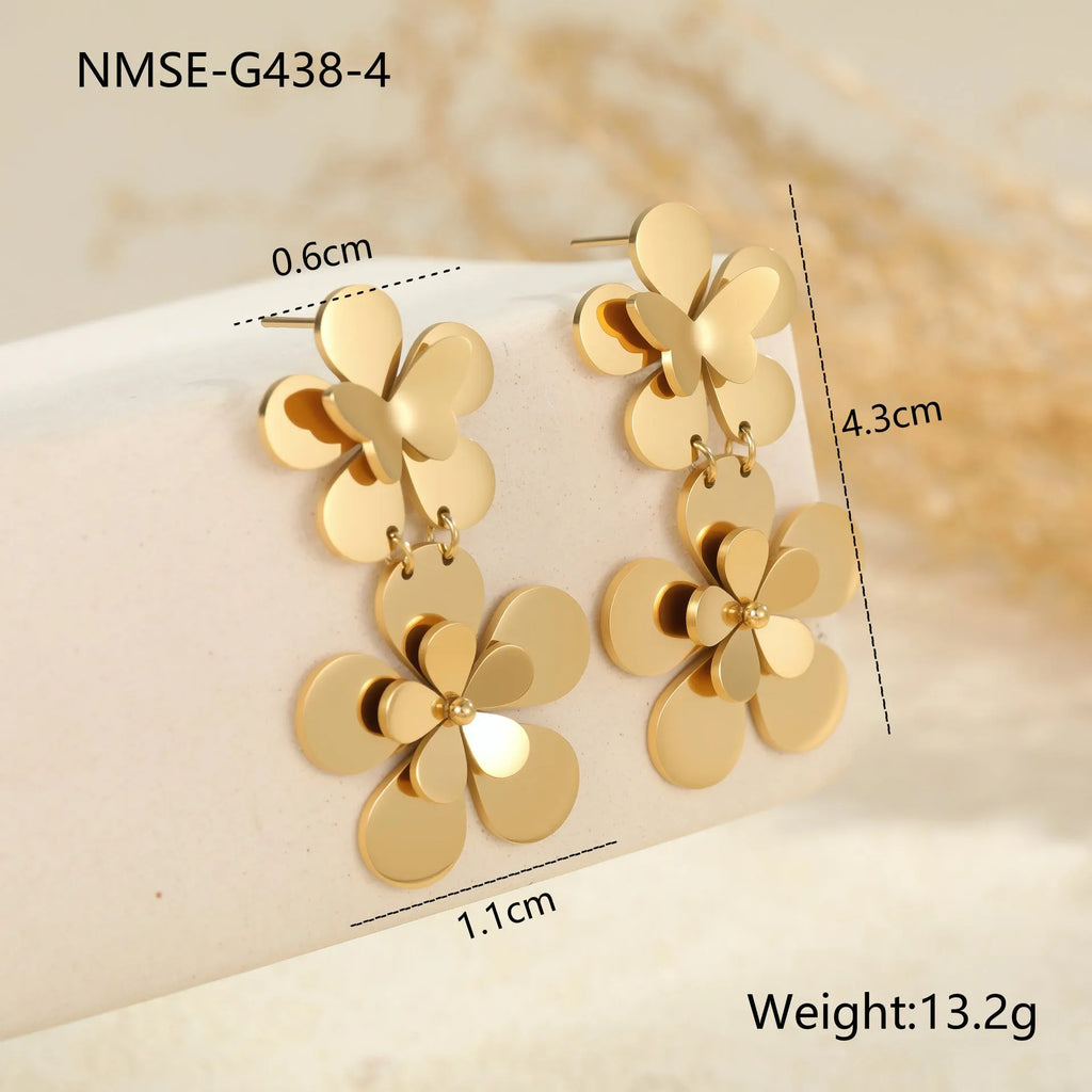 Gold electroplated stainless steel women's earrings with floral butterfly design