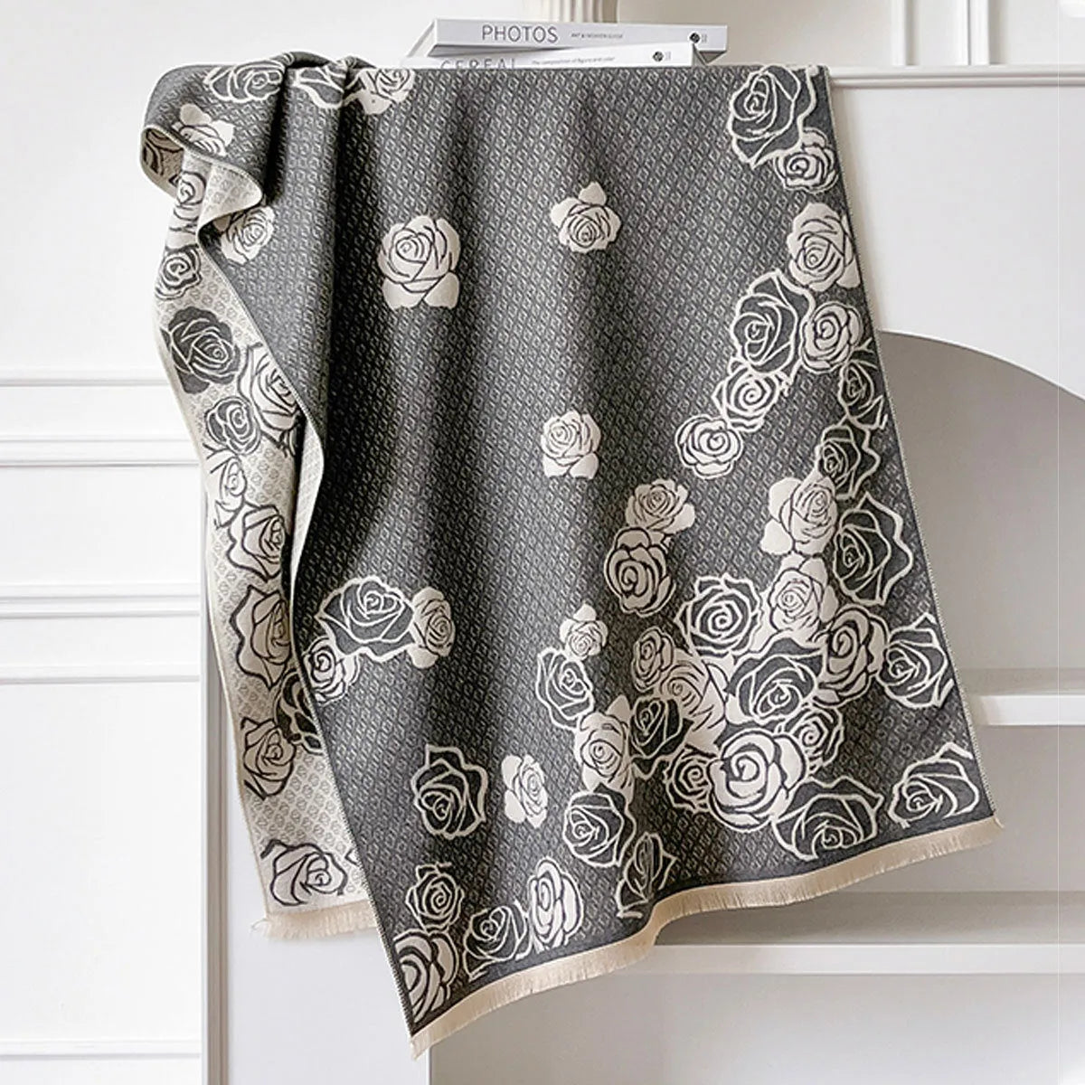 Imitation cashmere scarf measuring 185cm by 65cm with tassel fringe in winter colours
