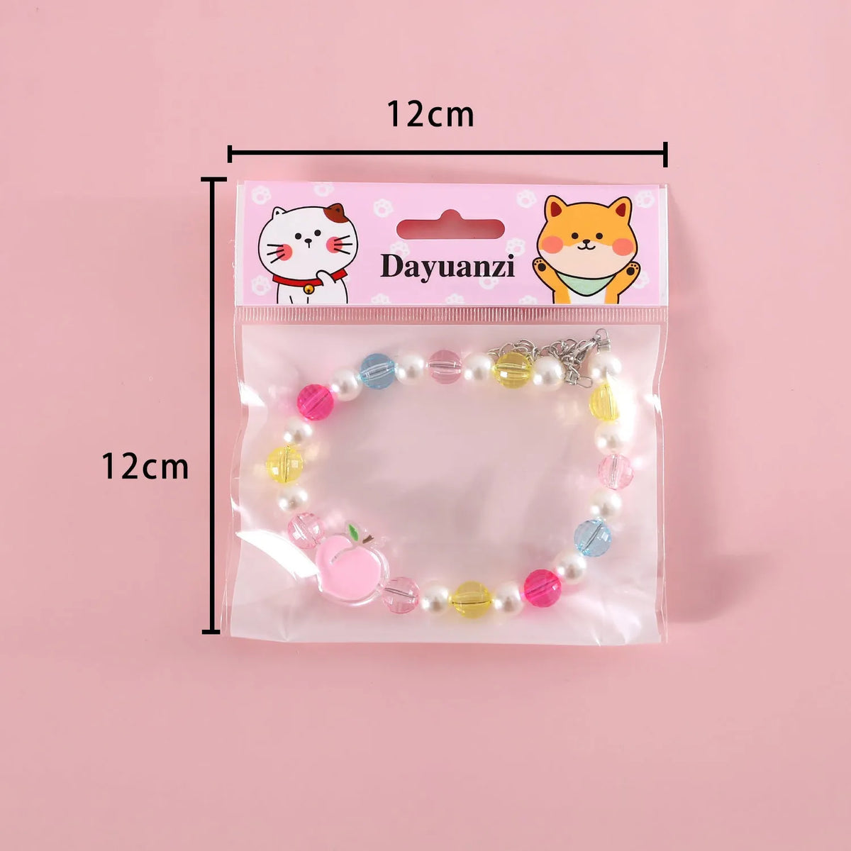Colourful plastic bead cat necklace shown in peach, rainbow, or small flower pattern options with adjustable sizing