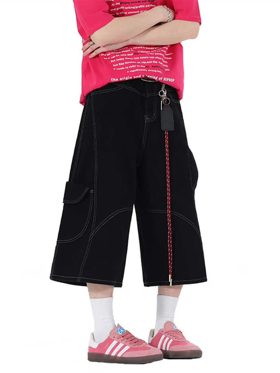 Retro multi-pocket denim workwear shorts in wide leg cropped trousers style