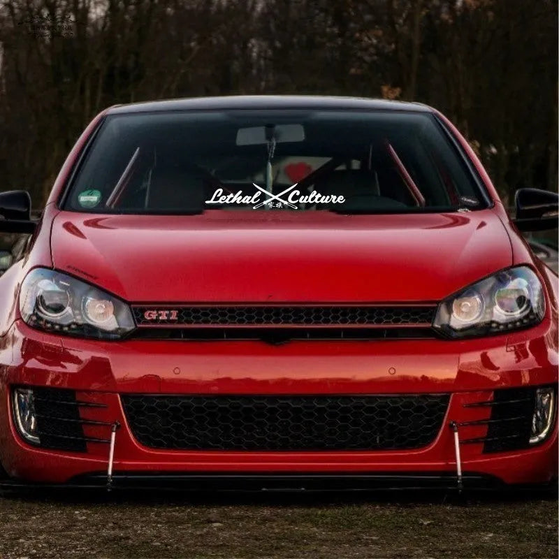 Yellow and white car rear windshield sticker with custom letters and numbers in two size options.