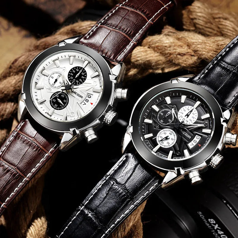 Men's multifunctional quartz watch with three sub-dials, luminous hands, and waterproof casing