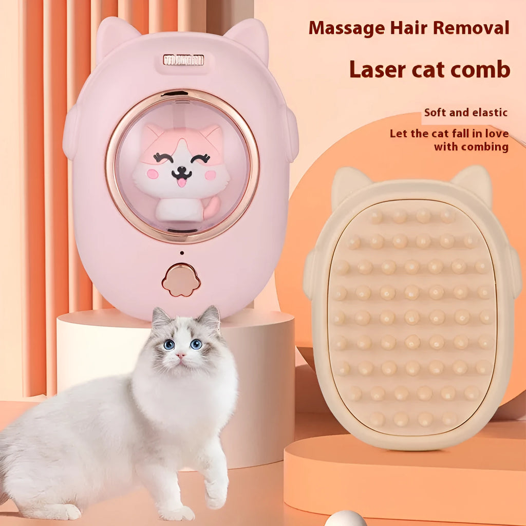 Pink and yellow pet comb with built-in laser pointer for cats and dogs