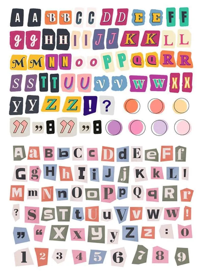 Set of printed cute-style stickers showing English letters, numbers, and weekday words on a sheet.