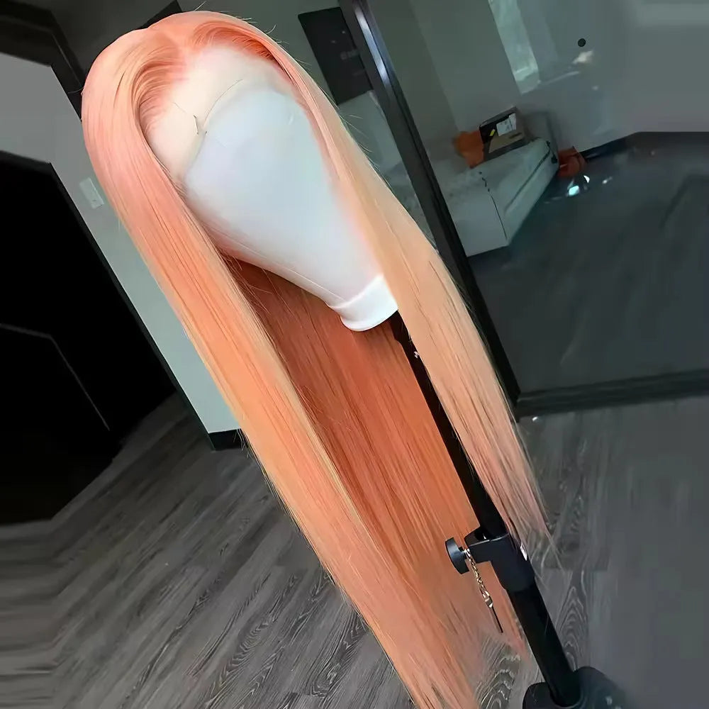 Light orange long straight synthetic wig with front lace and side bangs.