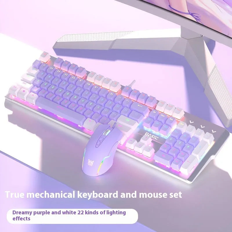 Purple and white mechanical keyboard and wired mouse set with backlit keys