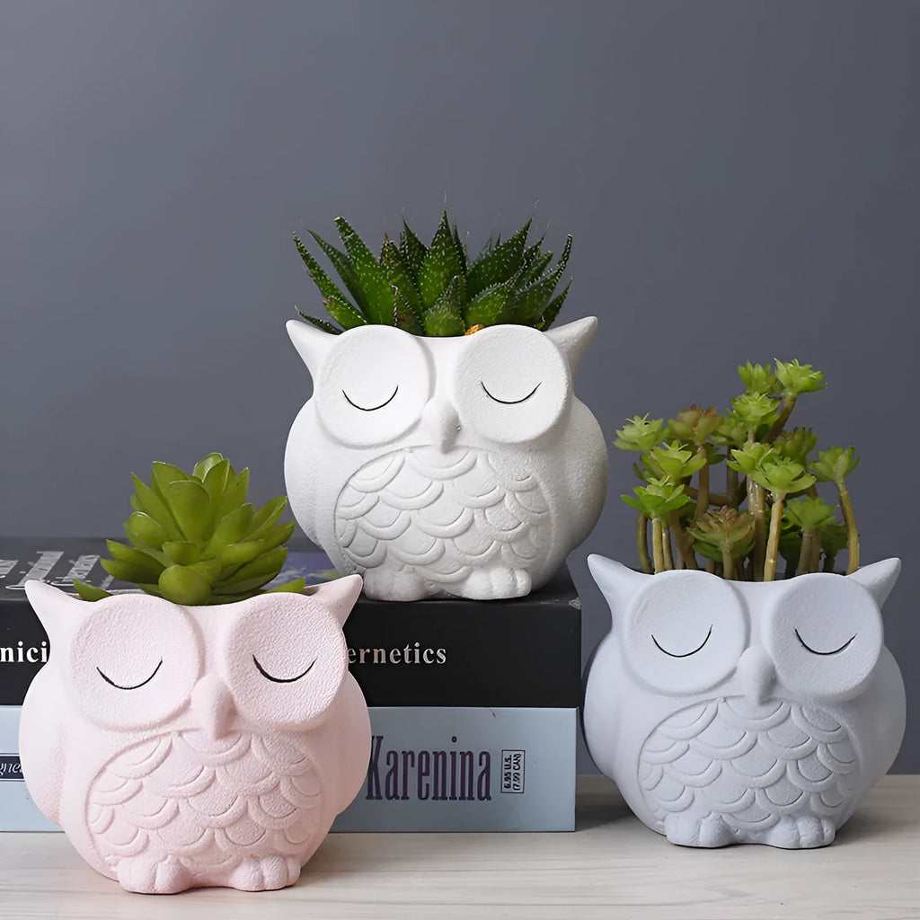 Handmade frosted ceramic owl succulent pot in light pink, white, green, or blue.