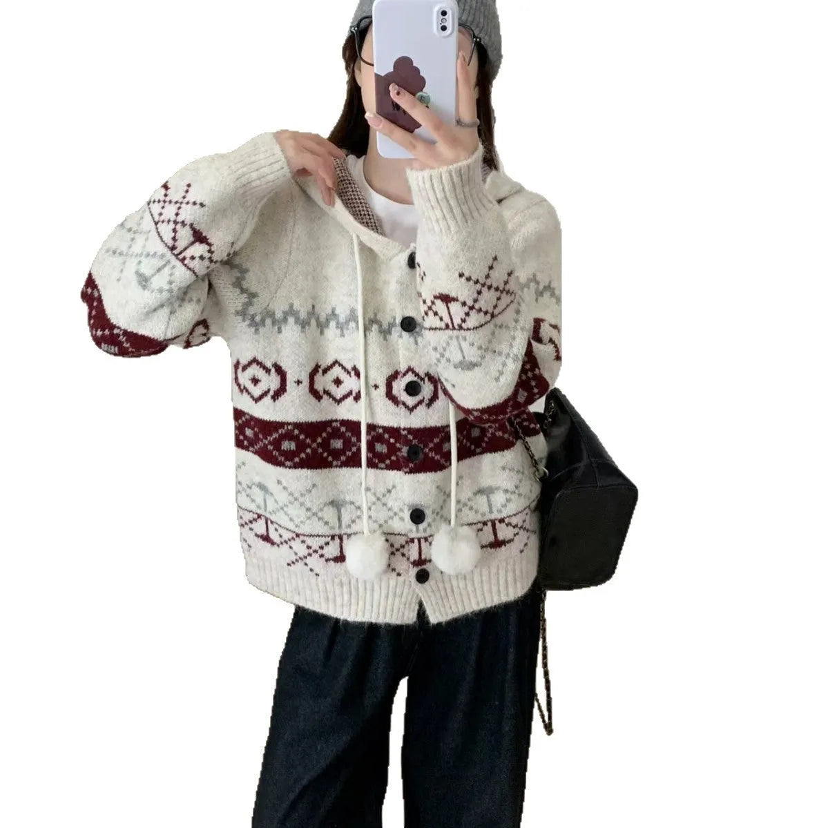 Plus size women's brocade sweater coat with geometric pattern in milky white