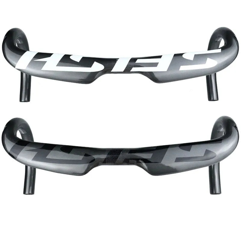 Carbon fibre road bike drop handlebar showing bent shape, available in black and white finishes with size options.