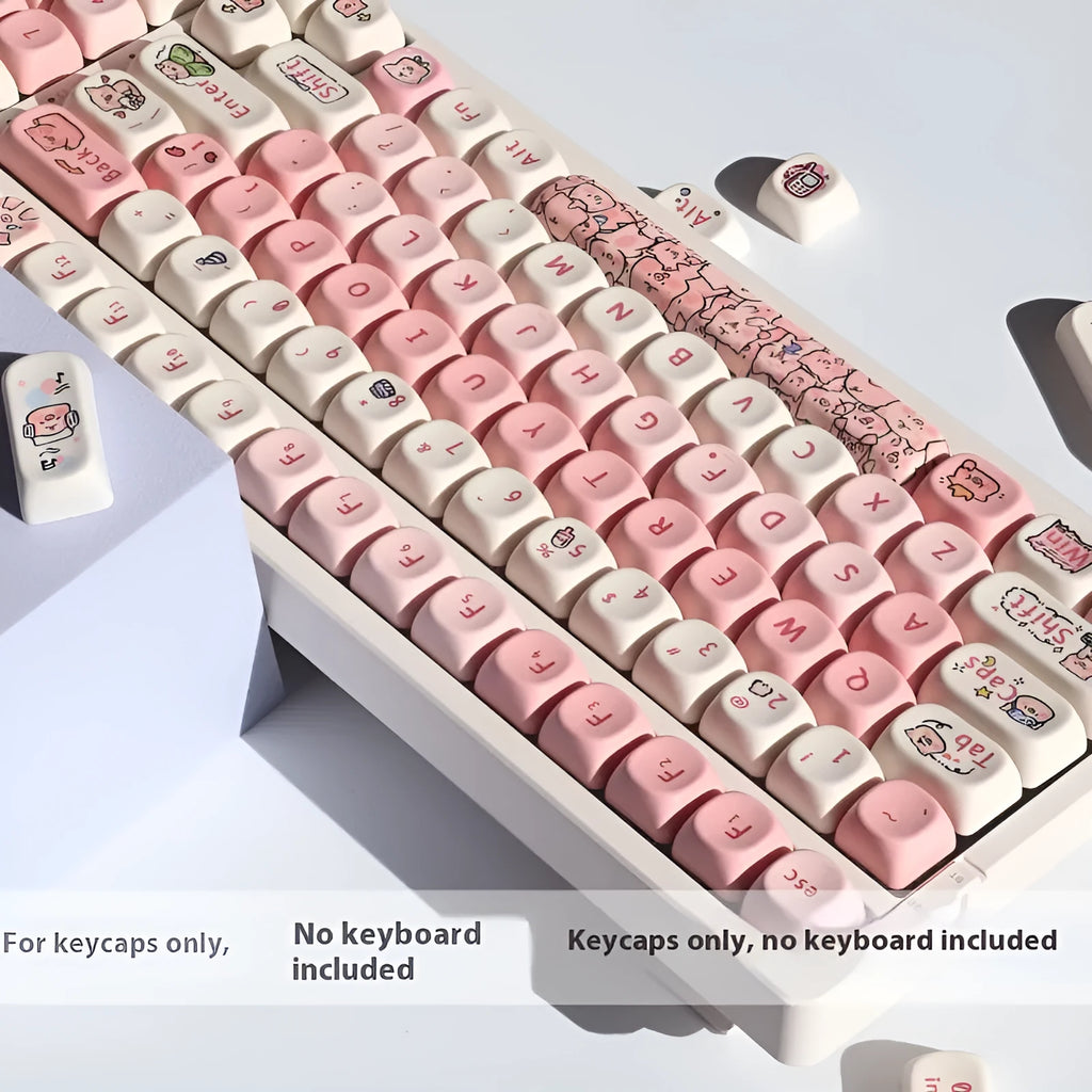 Pink PBT key caps with fragrant pig design for mechanical keyboards with key cap puller