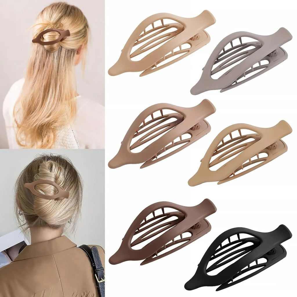 Six nude and rose red plastic hair clips with frosted grip and quadrilateral pointed toe style