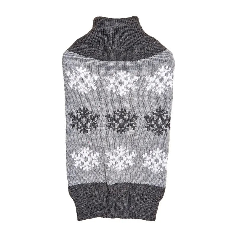 Grey dog Christmas sweater with snowflake pattern on small dog