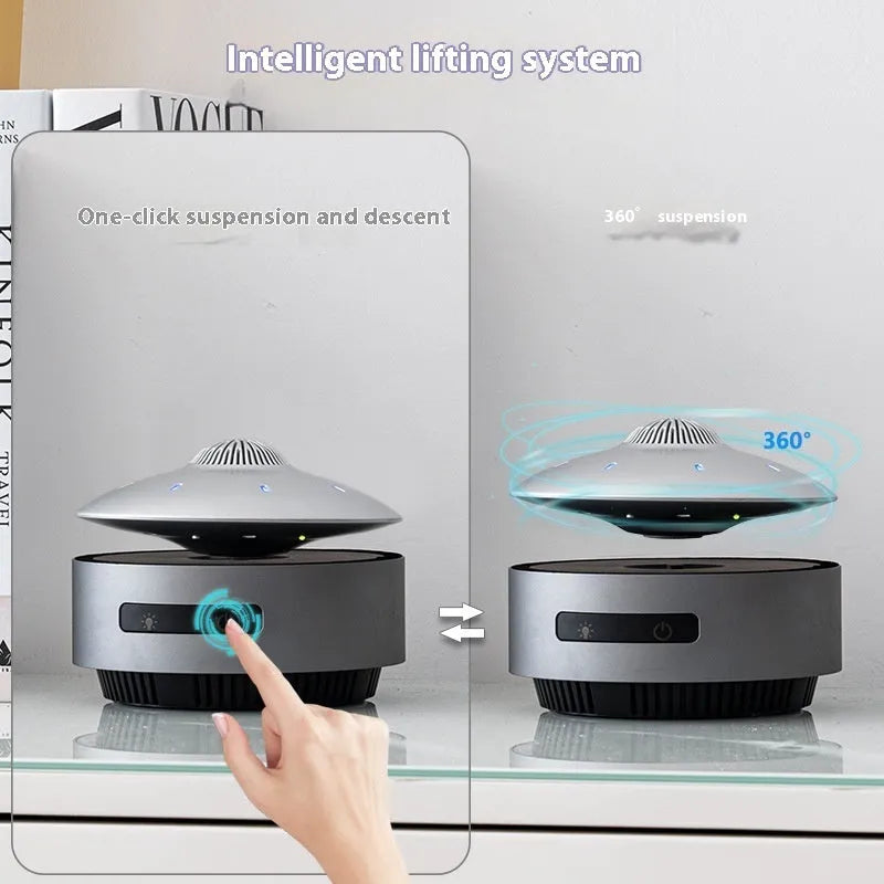 Magnetic levitation Bluetooth speaker hovering above its base in automatic lifting audio colour.