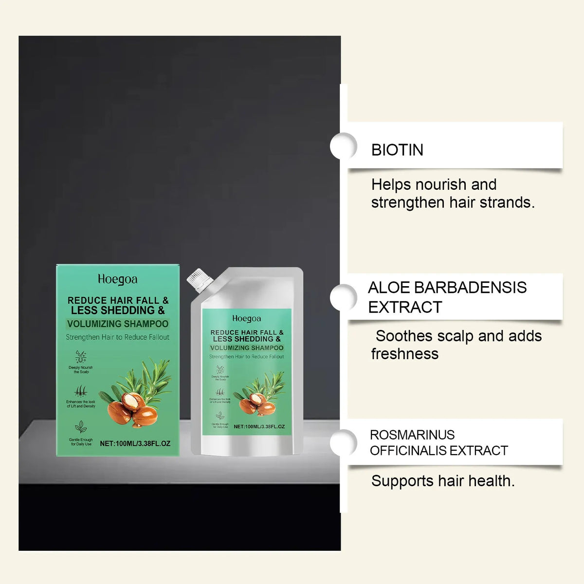 Abundant Nourishing Shampoo 100ml bottle with aloe vera, rosemary, rice ferment and biotin ingredients