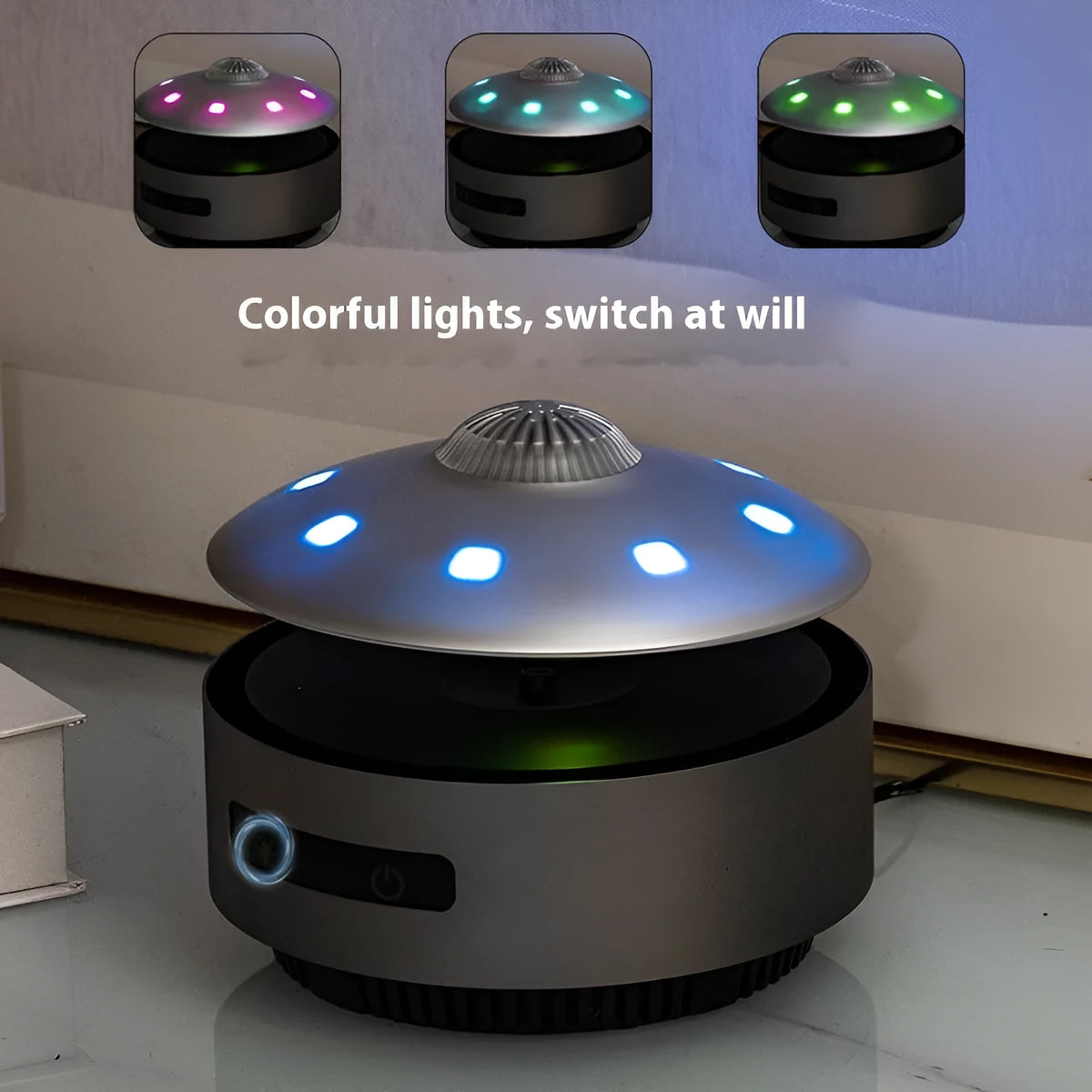 Magnetic levitation Bluetooth speaker hovering above its base in automatic lifting audio colour.