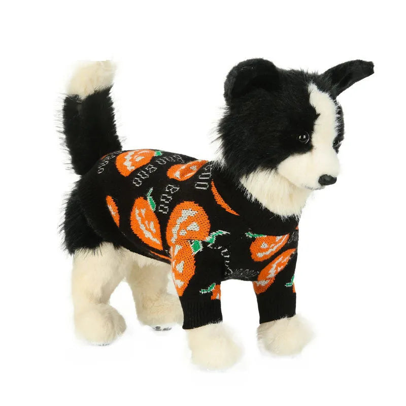 Black dog sweater with orange pumpkin pattern for Halloween in multiple sizes