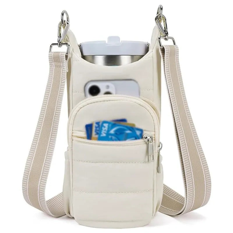 Cloth water bottle bag for bicycles shown in beige, black and pink colour options