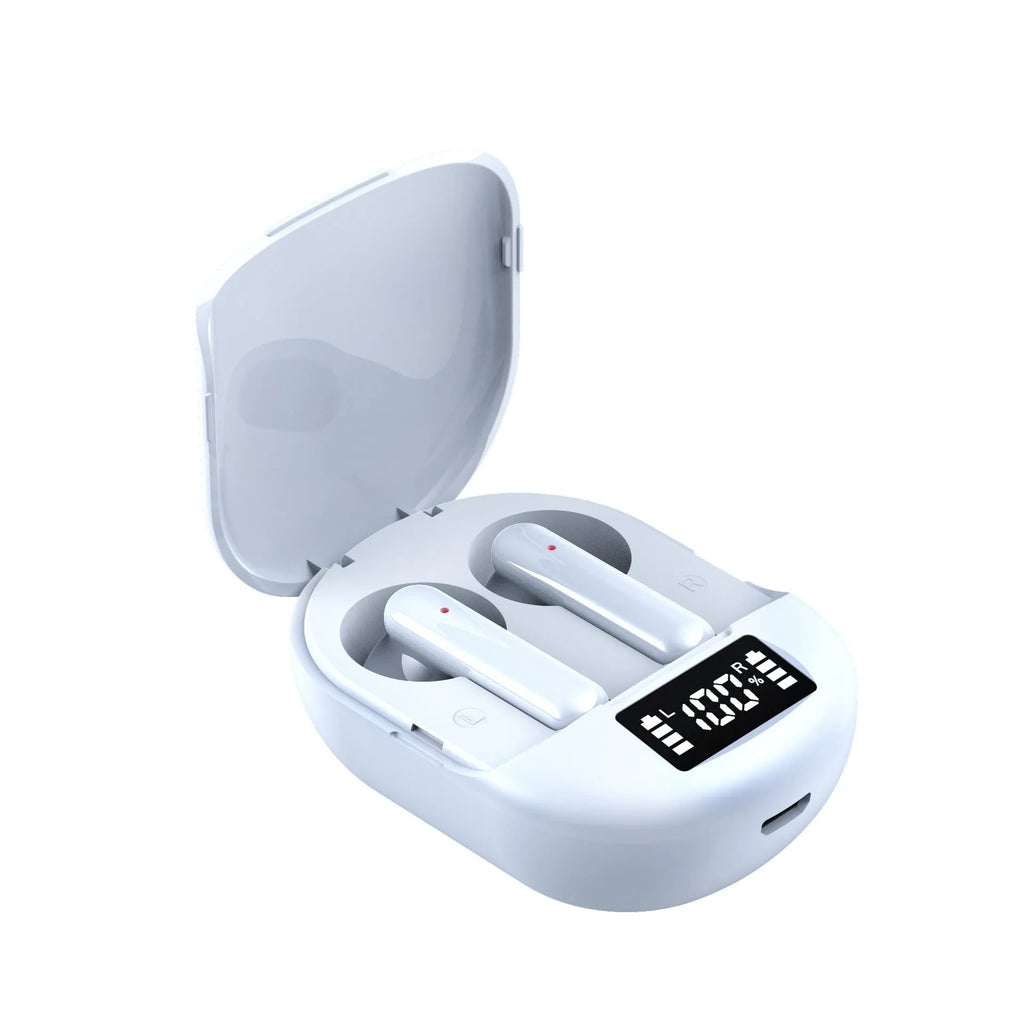 Black and white wireless Bluetooth in-ear headphones with charging case