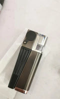 Metal folding pipe lighter with stash compartment in silver finish, showing open and closed positions