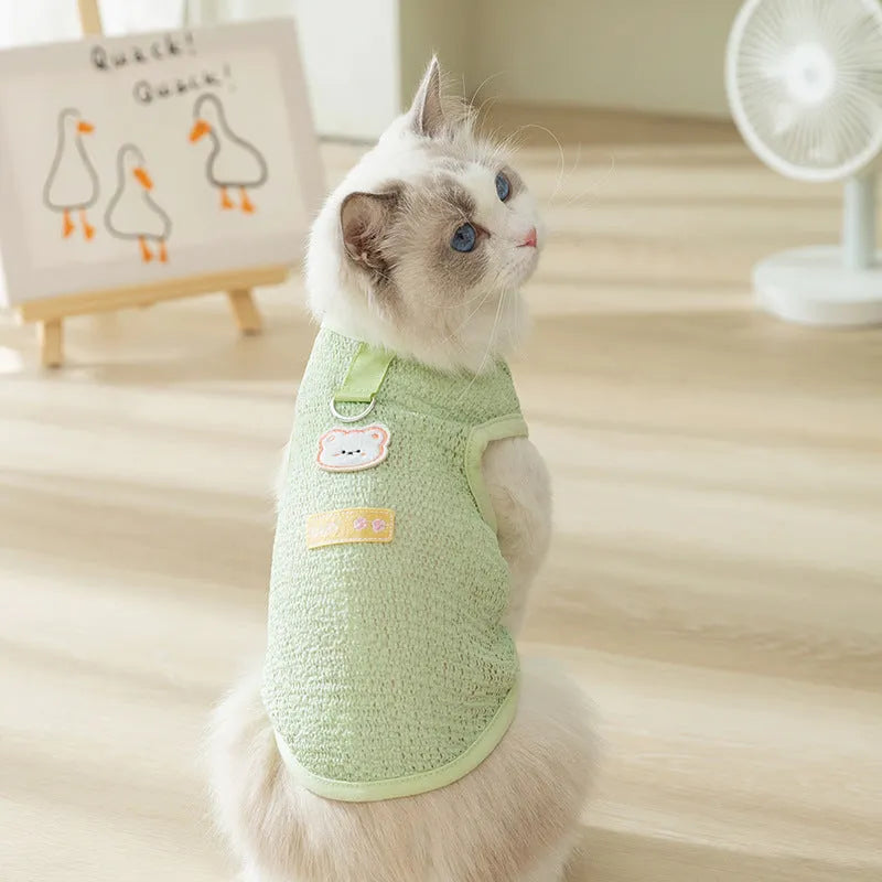 Cartoon bear patch cat clothes in knitted fabric with hollowed-out breathable design