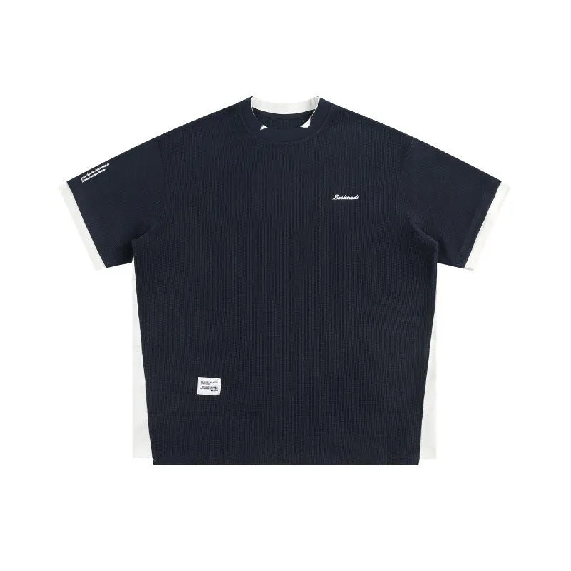 Retro alphabet embroidered loose t-shirt in waffle polyester fabric in navy blue, white flower grey and yellow