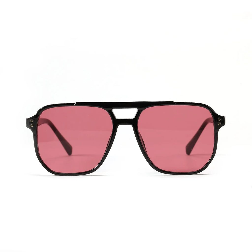 Square double beam fashion sunglasses for women in black framed pink lens colourway showing full-frame construction