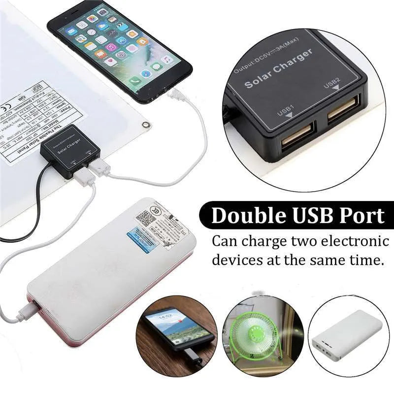 Polysilicon solar panel with dual USB ports for outdoor charging of phones and tablets.