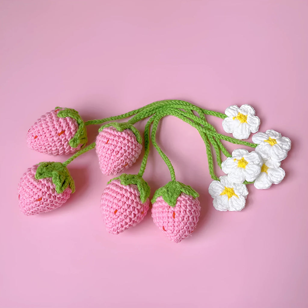 Red knitted wool crochet strawberry pendant with a 35cm hanging cord