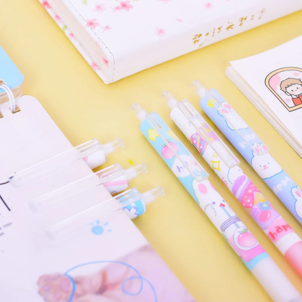 Six black gel pens with 0.5mm tips and cartoon bunny designs on plastic shells