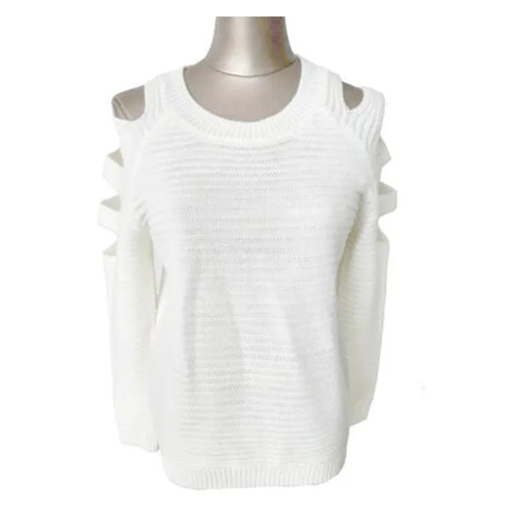 Women's solid colour knitted shirt with crocheted hollow-out design on round neck long sleeves