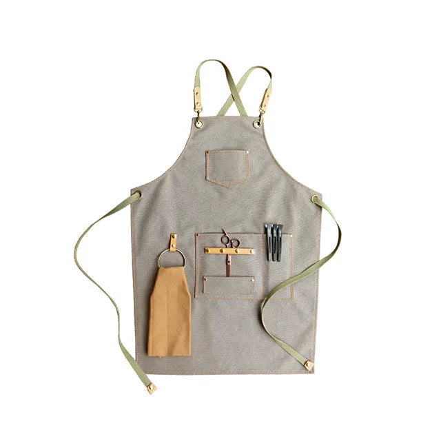 Canvas cross-strap apron in camel colour for cafe or baking work