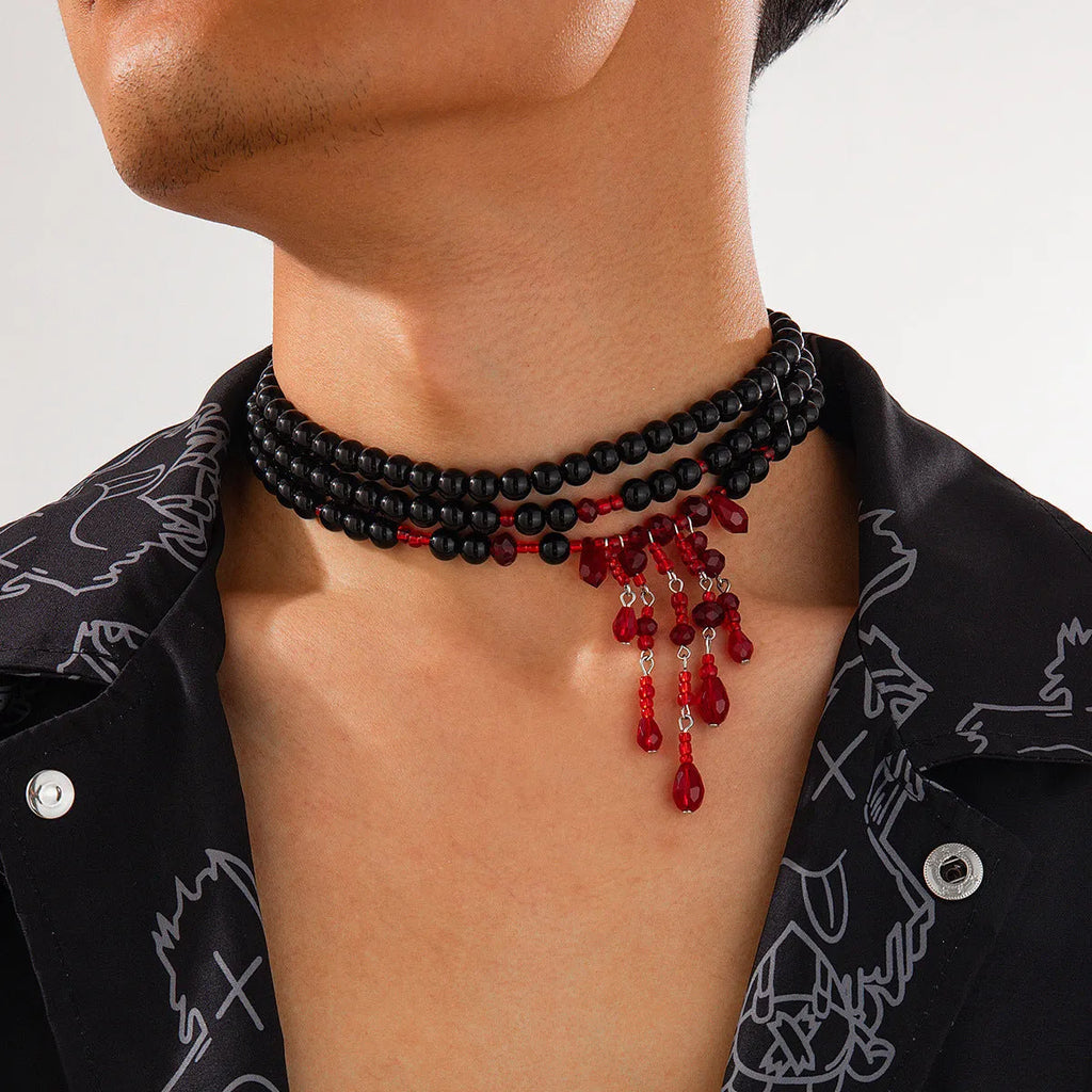 Halloween blood drop necklace with crystal pendant and imitation pearls on adjustable chain