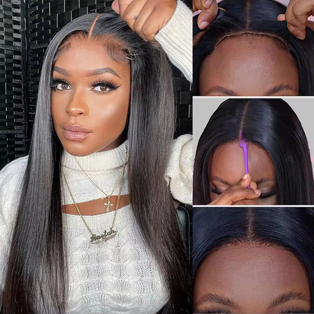 Straight human hair glueless wig with side bangs shown in various lengths