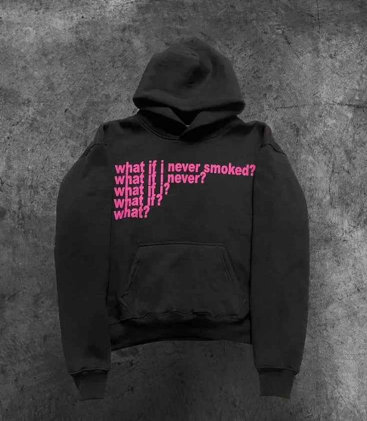 Black hooded sweater with white letter print on front, model wearing size M.