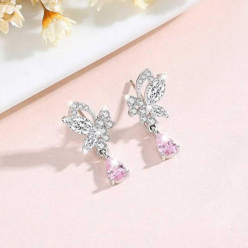 925 sterling silver butterfly stud earrings with crystal accents on wings for women