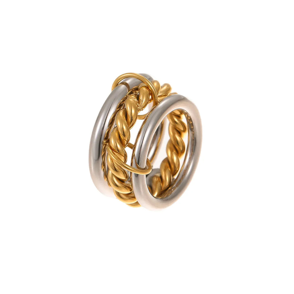Women's stainless steel ring set with gold plating and stacked colour matching designs