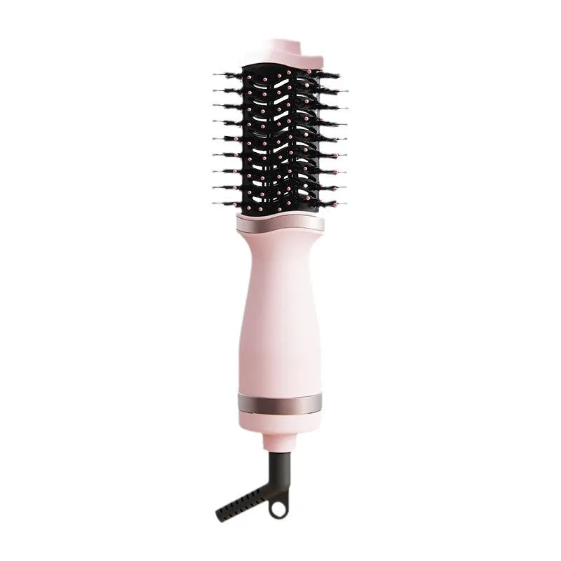 Pink multifunctional hair dryer with built-in comb and curling attachments for versatile styling