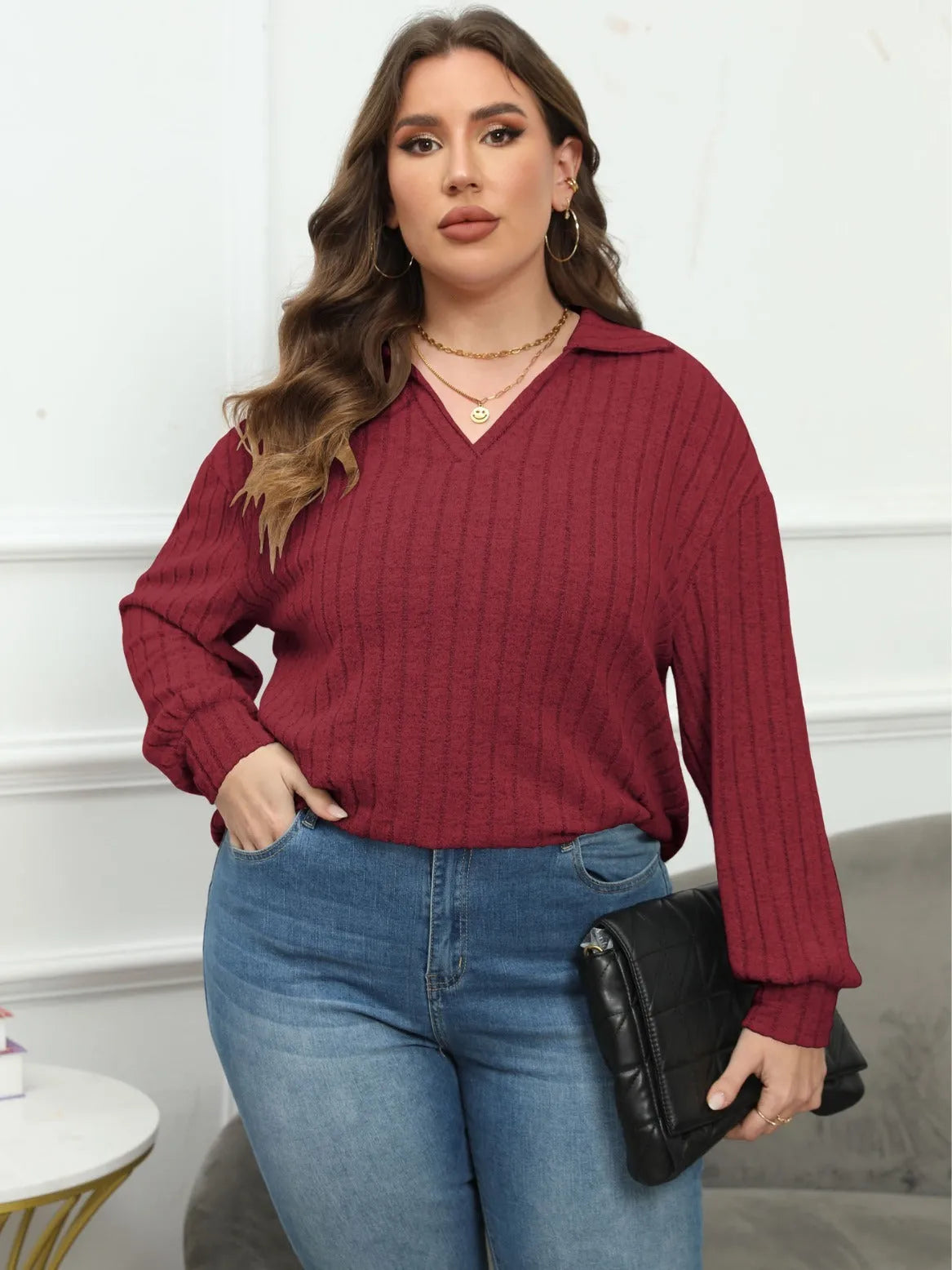 Women's plus size polo collar shirt with lantern sleeves in melange gray velvet dyed polar fleece fabric