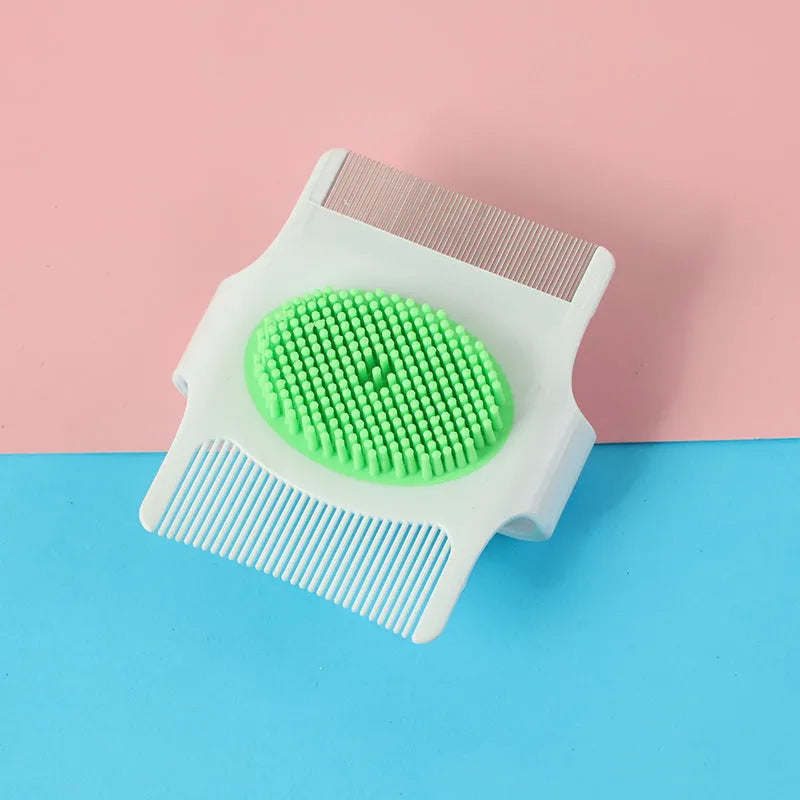 Blue and green multifunctional pet comb for dog grooming with floating hair removal, massage, and flea control features