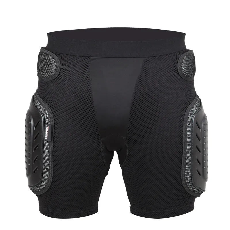 Black cycling protective trousers with integrated hip pads, shown in size L.